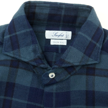 【中古】サンフォート Sanfort コットン チェック ホリゾンタルカラー カジュアルシャツ ダルブルー系xネイビー【 39 】【 状態ランクA 】【 メンズ 】