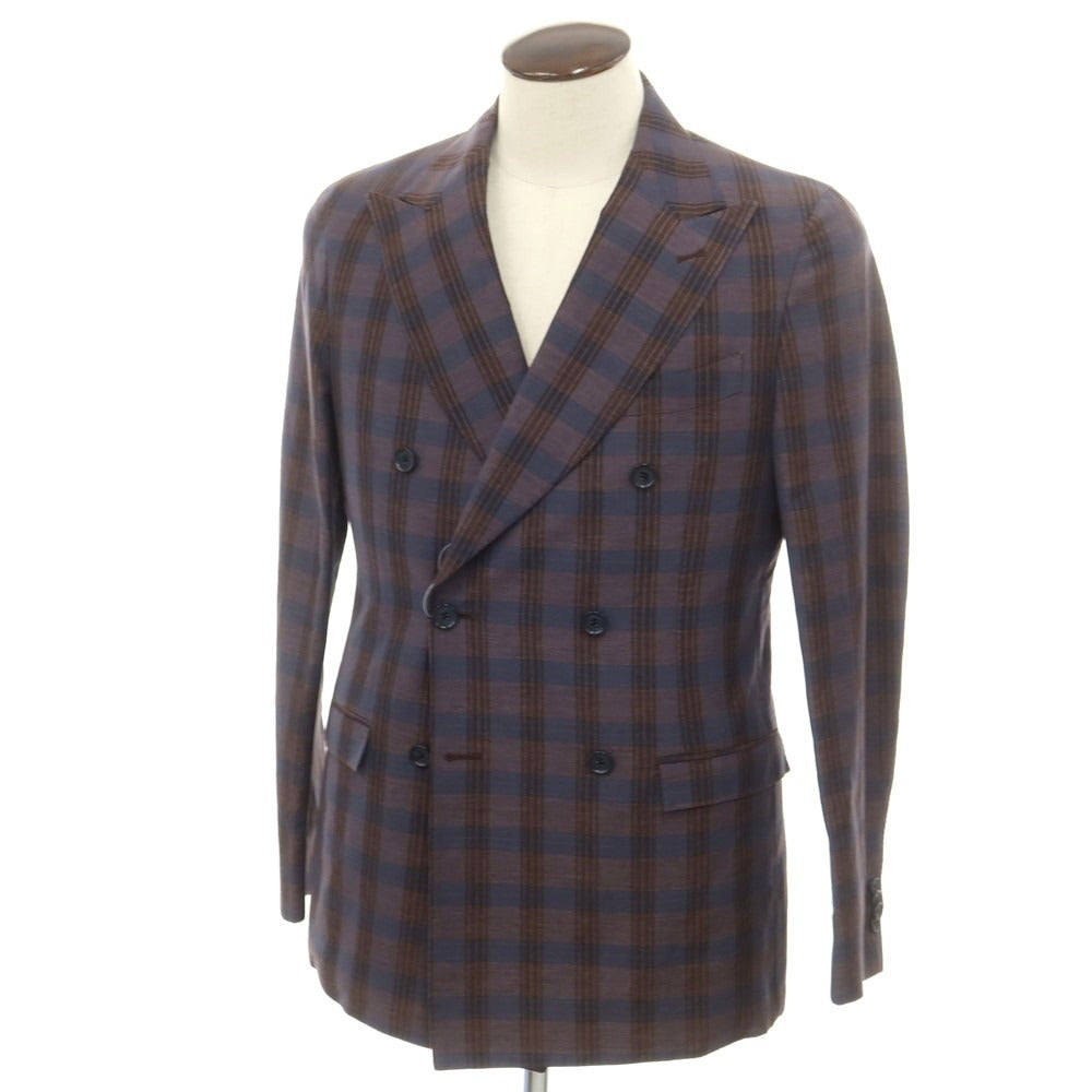 [Used] CORNELIANI wool linen check double-breasted tailored jacket, brown x navy [50] [Condition rank B] [Men&