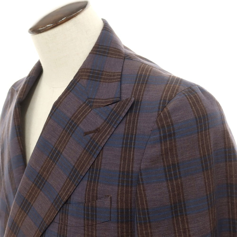 [Used] CORNELIANI wool linen check double-breasted tailored jacket, brown x navy [50] [Condition rank B] [Men&