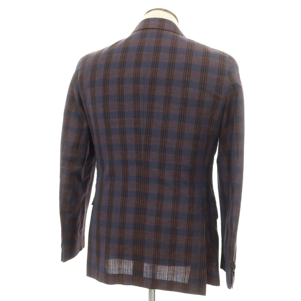 [Used] CORNELIANI wool linen check double-breasted tailored jacket, brown x navy [50] [Condition rank B] [Men&