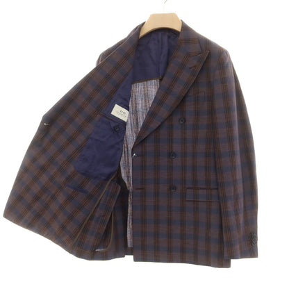 [Used] CORNELIANI wool linen check double-breasted tailored jacket, brown x navy [50] [Condition rank B] [Men&