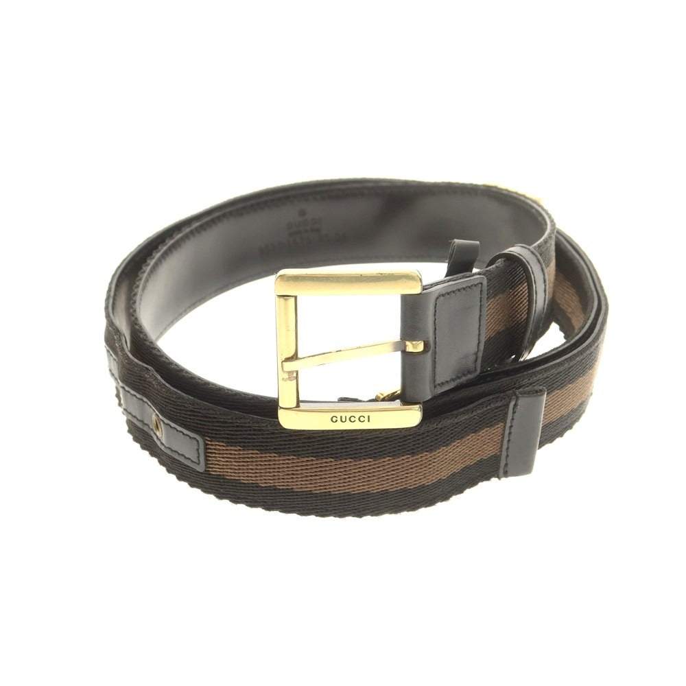 【中古】グッチ GUCCI キャンバス レザー ライン ベルト ブラックxカーキ【 85 】【 状態ランクC 】【 メンズ 】