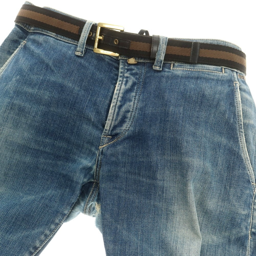 【中古】グッチ GUCCI キャンバス レザー ライン ベルト ブラックxカーキ【 85 】【 状態ランクC 】【 メンズ 】