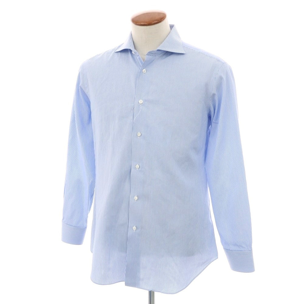 【中古】メイカーズシャツ カマクラ Makers Shirt 鎌倉 コットン ストライプ ワイドカラー ドレスシャツ ライトブルーxホワイト【 表記なし(M位) 】【 状態ランクC 】【 メンズ 】