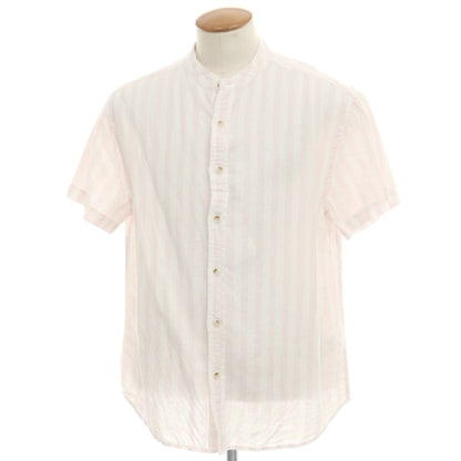【中古】バナナリパブリック Banana Republic リネンコットン ストライプ バンドカラー 半袖シャツ ライトピンクxホワイト【 M 】【 状態ランクB 】【 メンズ 】