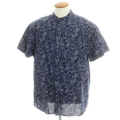 【中古】バナナリパブリック Banana Republic リネンコットン バンドカラー 半袖シャツ ネイビー【 M 】【 状態ランクB 】【 メンズ 】