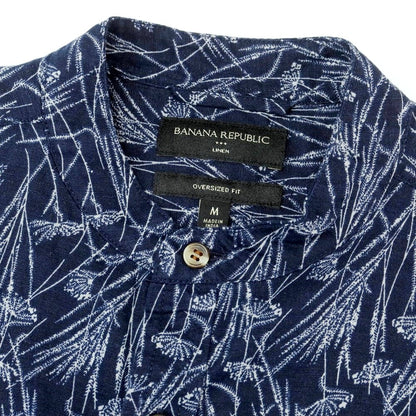 【中古】バナナリパブリック Banana Republic リネンコットン バンドカラー 半袖シャツ ネイビー【 M 】【 状態ランクB 】【 メンズ 】
