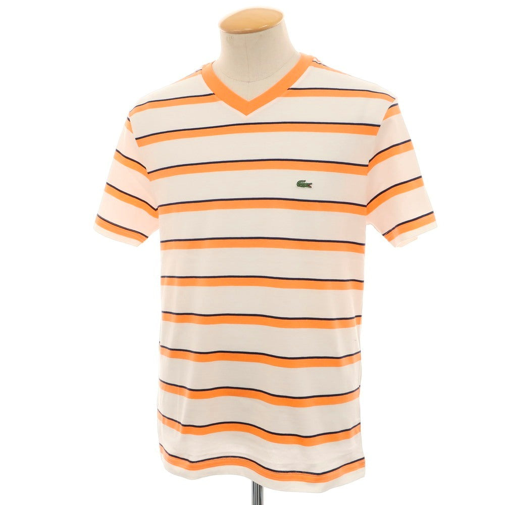【中古】【未使用】ラコステ LACOSTE コットン ボーダー Vネック 半袖Ｔシャツ ホワイトxオレンジ【 3 】【 状態ランクS 】【 メンズ 】
