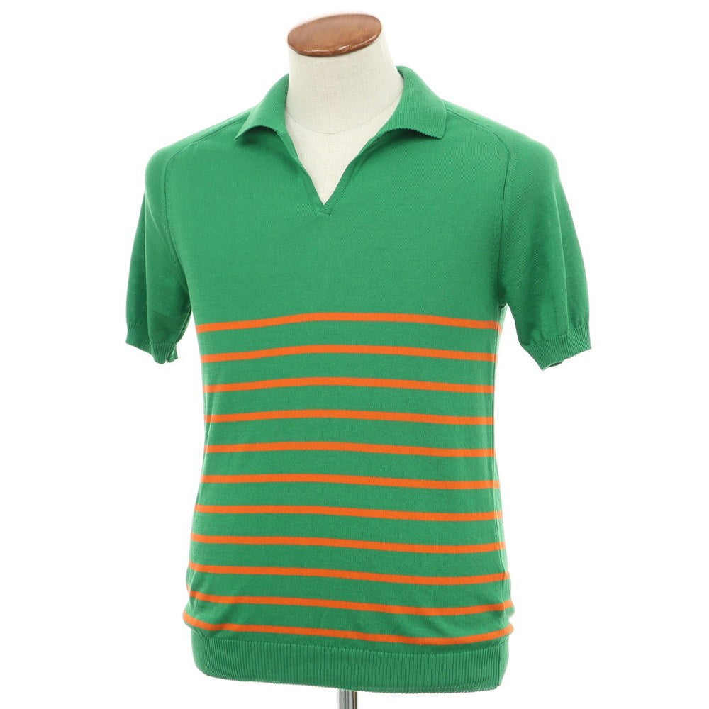 [New] GALLIA High Gauge Cotton Border Skipper Short Sleeve Polo Knit Green x Orange [46] [Condition Rank N] [Men&
