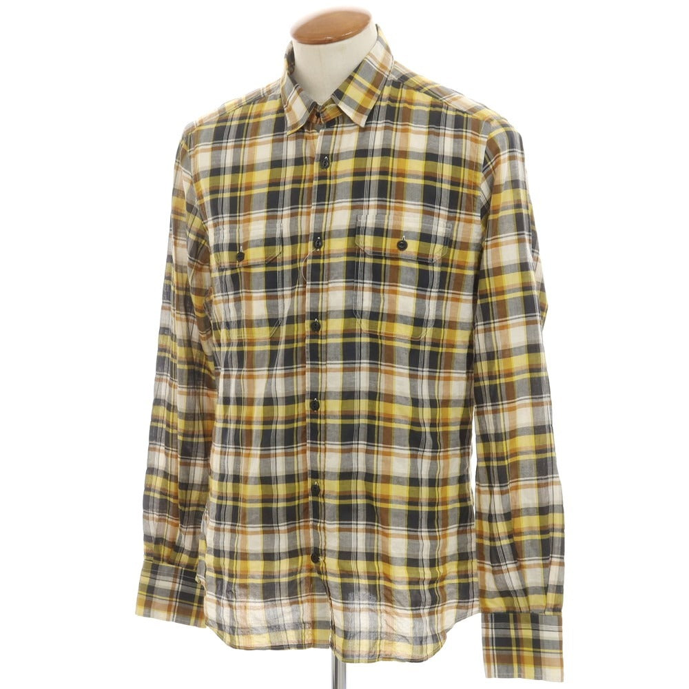 [New] Glanshirt Cotton Linen Check Casual Shirt Yellow x Navy [40] [Condition Rank N] [Men&
