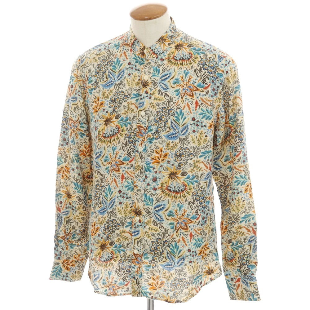 [New] Glanshirt Linen Botanical Pattern Band Collar Casual Shirt Beige x Blue [40] [Condition Rank N] [Men&