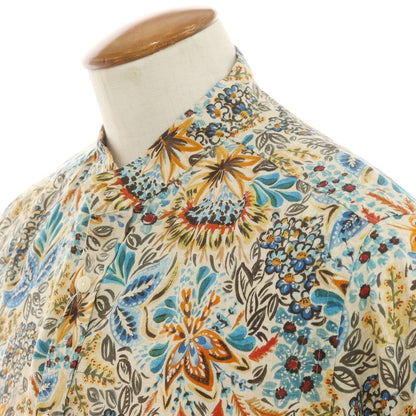 [New] Glanshirt Linen Botanical Pattern Band Collar Casual Shirt Beige x Blue [40] [Condition Rank N] [Men&