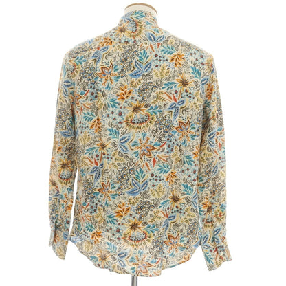[New] Glanshirt Linen Botanical Pattern Band Collar Casual Shirt Beige x Blue [40] [Condition Rank N] [Men&