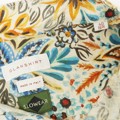 [New] Glanshirt Linen Botanical Pattern Band Collar Casual Shirt Beige x Blue [40] [Condition Rank N] [Men&