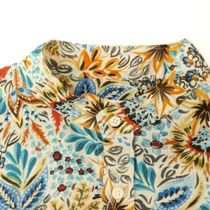 [New] Glanshirt Linen Botanical Pattern Band Collar Casual Shirt Beige x Blue [40] [Condition Rank N] [Men&