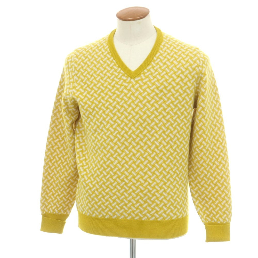 【新品】ドルモア DRUMOHR カシミヤ ビスコッティ柄 Vネック プルオーバーニット マスタードイエローxオフホワイト【 48 】【 状態ランクN 】【 メンズ 】