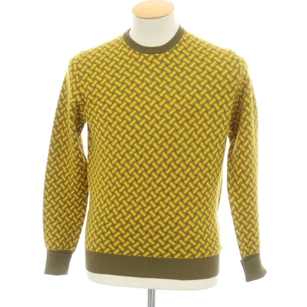【新品】ドルモア DRUMOHR カシミヤ ビスコッティ柄 クルーネック プルオーバーニット カーキオリーブ系xイエロー【 44 】【 状態ランクN 】【 メンズ 】