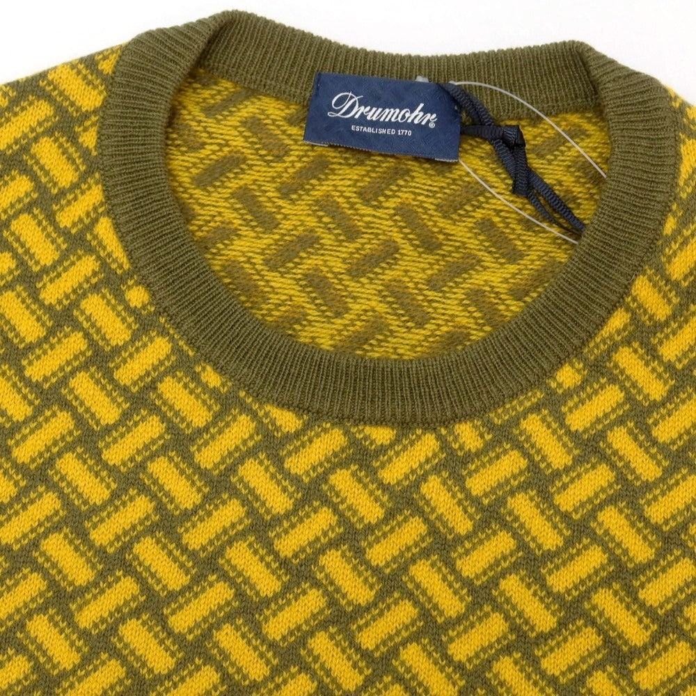 【新品】ドルモア DRUMOHR プルオーバーニット カシミヤ ビスコッティ柄 クルーネック プルオーバーニット カーキオリーブ系xイエロー【サイズ44】【 状態ランクN 】【 メンズ 】[EPD]