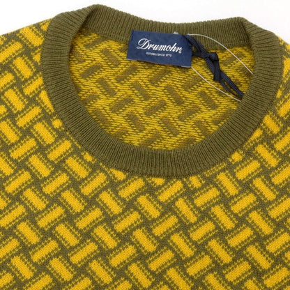 【新品】ドルモア DRUMOHR カシミヤ ビスコッティ柄 クルーネック プルオーバーニット カーキオリーブ系xイエロー【 44 】【 状態ランクN 】【 メンズ 】