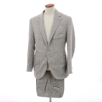 【中古】ブルネロクチネリ Brunello Cucinelli リネン ストライプ 3つボタンスーツ ライトグレーxブラウン【 上46/下44 】【 状態ランクC 】【 メンズ 】