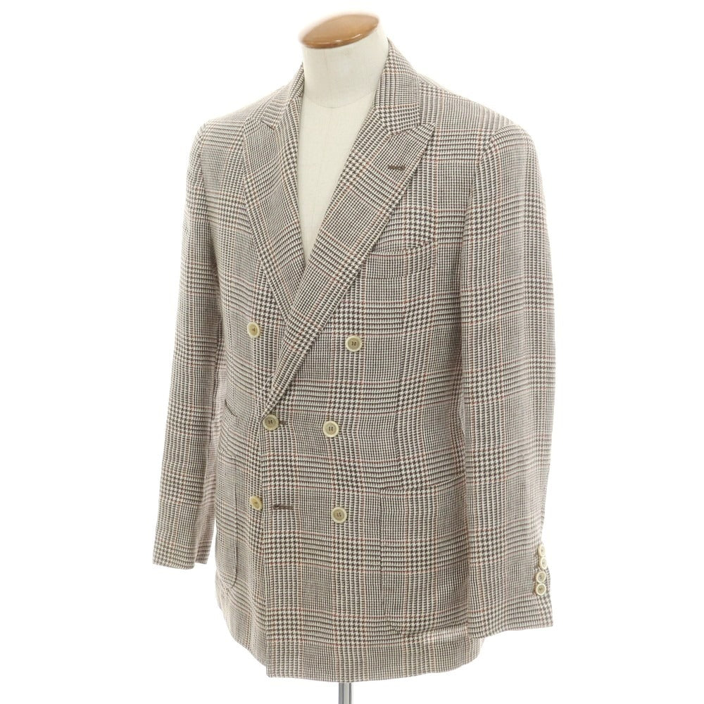 【中古】ブルネロクチネリ Brunello Cucinelli リネンウール チェック ダブルジャケット ブラウンxホワイト【 46 】【 状態ランクC 】【 メンズ 】