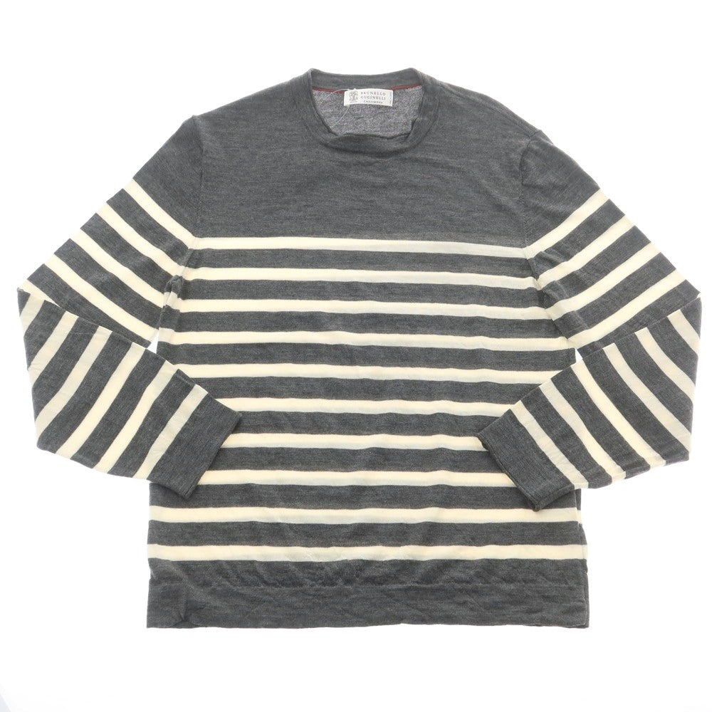 【中古】ブルネロクチネリ Brunello Cucinelli ハイゲージ ウールカシミヤ ボーダー クルーネック プルオーバーニット グレーxホワイト【 46 】【 状態ランクC 】【 メンズ 】