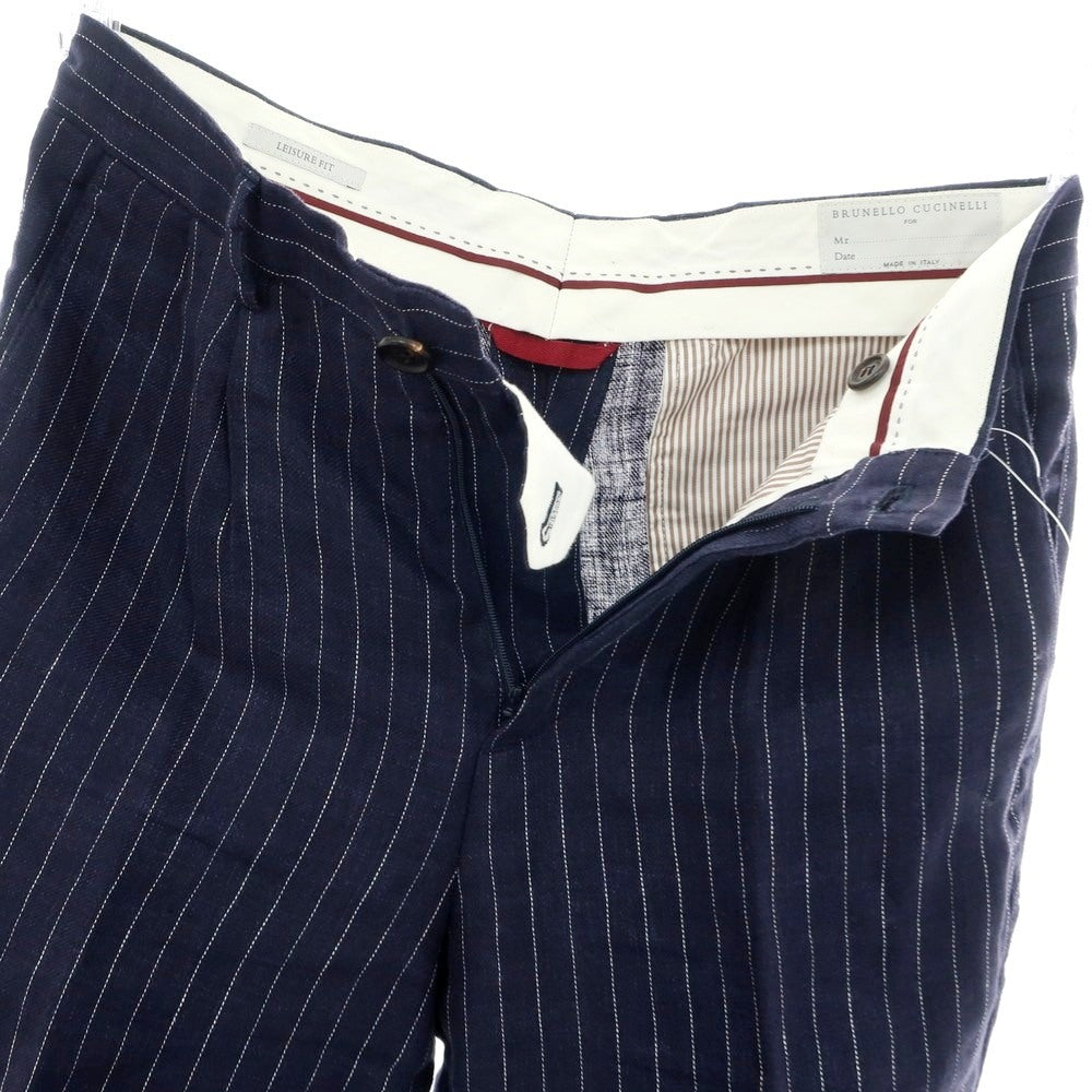 【中古】ブルネロクチネリ Brunello Cucinelli リネン ピンストライプ ドレススラックスパンツ ネイビーxホワイト【 44 】【 状態ランクC 】【 メンズ 】