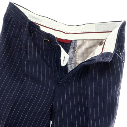 【中古】ブルネロクチネリ Brunello Cucinelli リネン ピンストライプ ドレススラックスパンツ ネイビーxホワイト【 44 】【 状態ランクC 】【 メンズ 】
