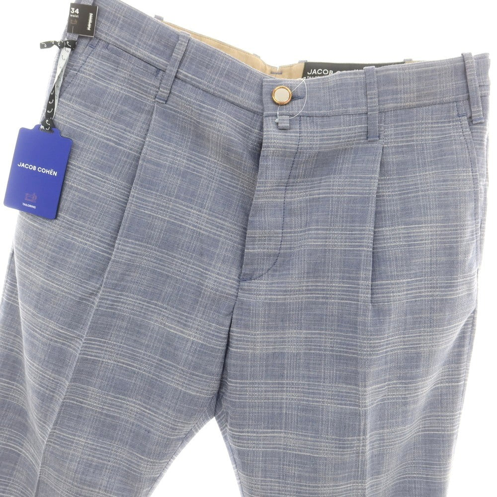 【新品】ヤコブコーエン JACOB COHEN HENRY ストレッチ ウールコットン チェック カジュアルスラックスパンツ ライトネイビーxホワイト【 34 】【 状態ランクN 】【 メンズ 】