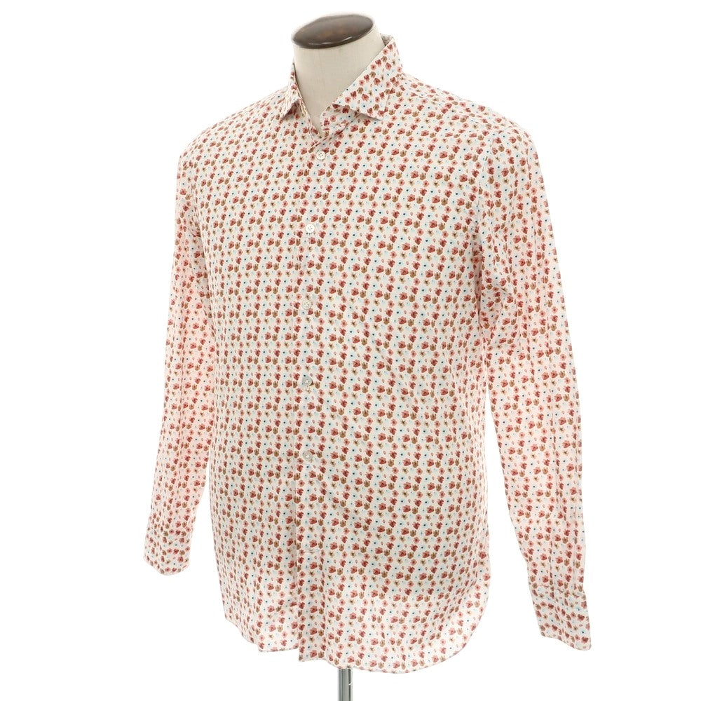 【中古】ボリエッロ BORRIELLO コットン 花柄 ワイドカラー カジュアルシャツ ホワイトxレッド【 L 】【 状態ランクC 】【 メンズ 】