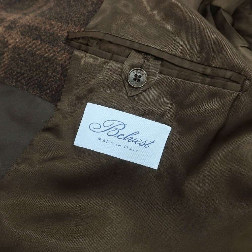 【新品アウトレット】ベルベスト Belvest ウールカシミヤ チェック ステンカラーコート ブラウン【 48 】【 状態ランクN- 】【 メンズ 】