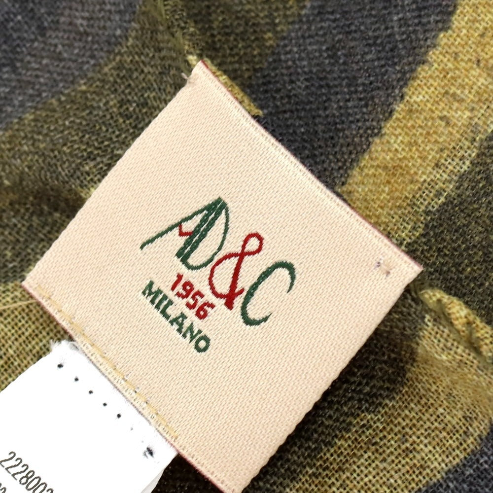 【新品】アーディーアンドシー AD&amp;C 1956 ウール ボーダー プリント ストール オリーブxグレー【 F 】【 状態ランクN 】【 メンズ 】