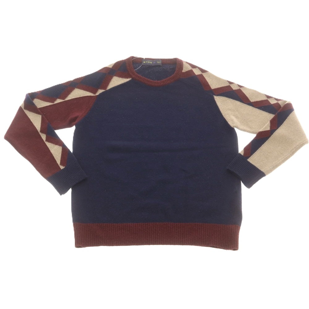 【中古】エトロ ETRO ウールカシミヤ クルーネック プルオーバーニット ネイビーxワインレッド【 M 】【 状態ランクC 】【 メンズ 】