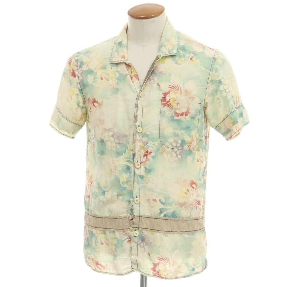 【中古】マリテフランソワジルボー MARITHE + FRANCOIS GIRBAUD コットンリネン系 花柄 半袖シャツ グリーンxベージュ【 M 】【 状態ランクC 】【 メンズ 】