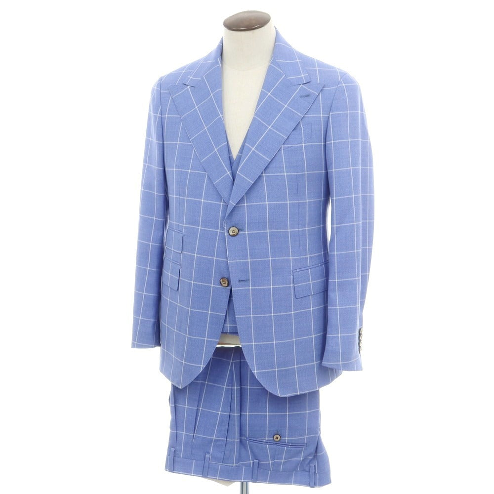 【中古】ガブリエレ パジーニ Gabriele Pasini ウール チェック スリーピース 2つボタンスーツ ライトブルー【 52 】【 状態ランクB 】【 メンズ 】