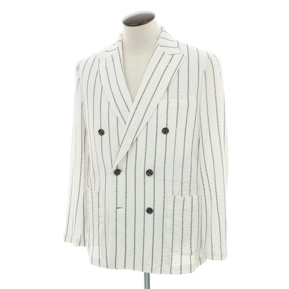 【中古】ジーステージ g-stage コットンポリエステルジャージー ストライプ ダブルジャケット ホワイトxネイビー【 50 】【 状態ランクC 】【 メンズ 】