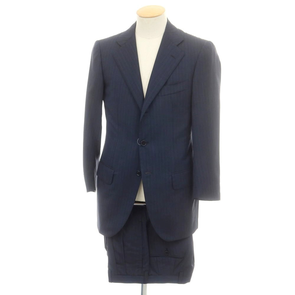 【中古】サルトリア アットリーニ Sartoria Attolini ウールカシミヤ ストライプ 3つボタンスーツ ネイビーxブルー【 44 】【 状態ランクC 】【 メンズ 】