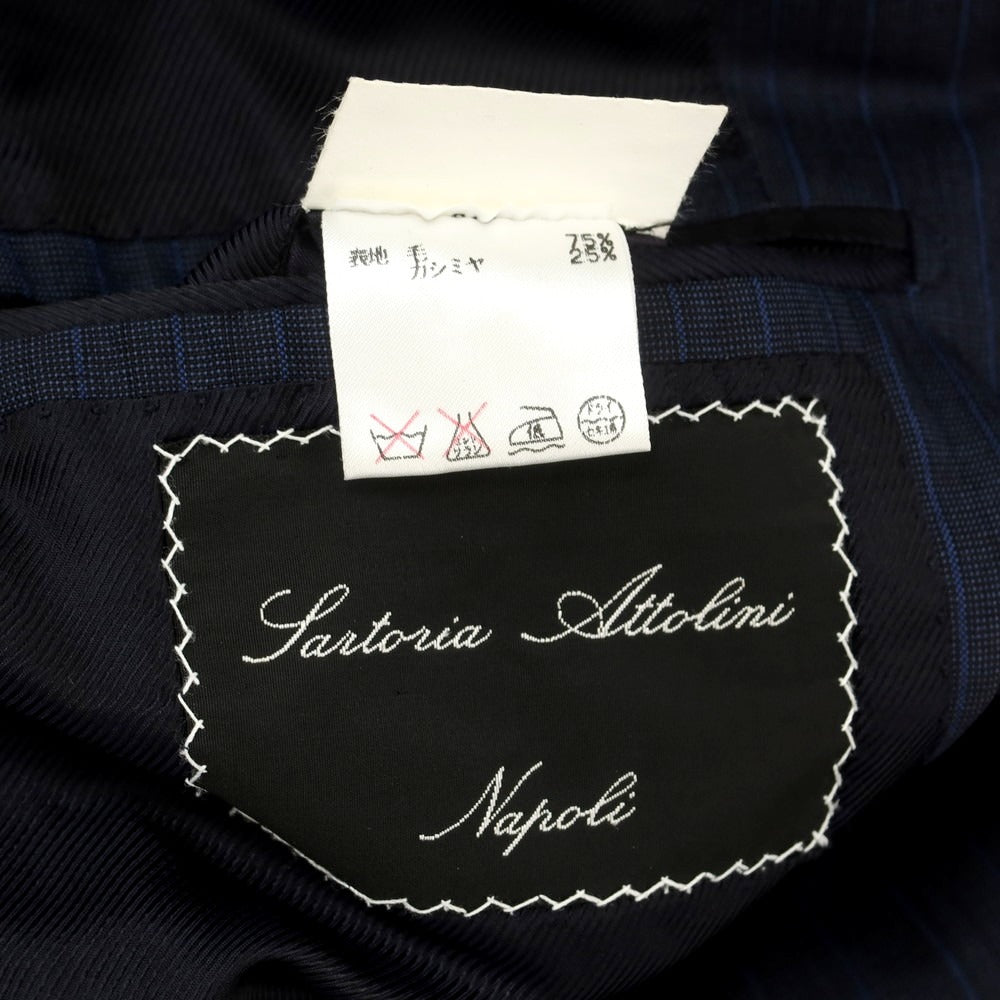 【中古】サルトリア アットリーニ Sartoria Attolini ウールカシミヤ ストライプ 3つボタンスーツ ネイビーxブルー【 44 】【 状態ランクC 】【 メンズ 】