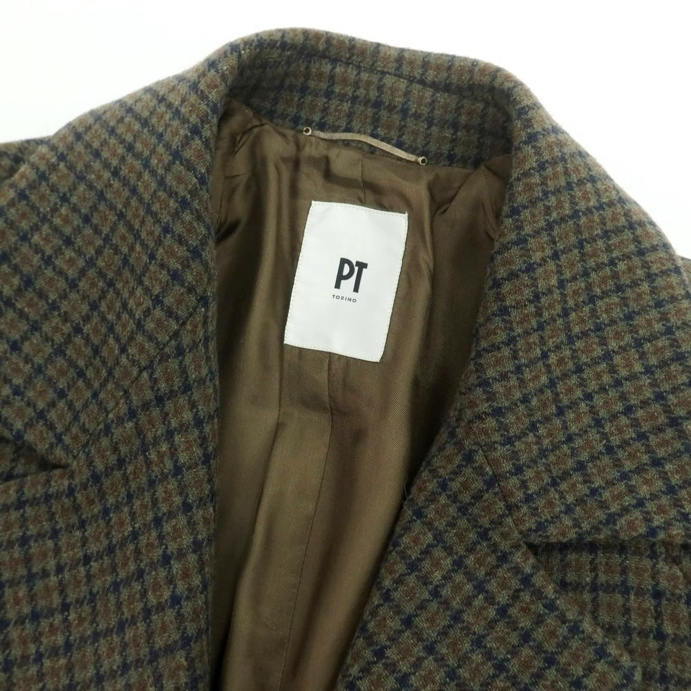 【中古】ピーティートリノ PT TORINO ウール チェック チェスターフィールドコート オリーブxネイビー【サイズ46】【メンズ】 中古】ピーティートリノ PT TORINO ウール チェック チェスター