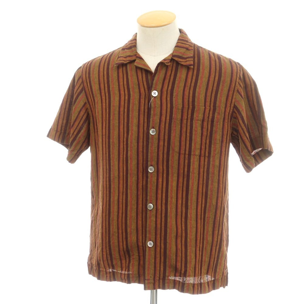 【中古】ポールスミスコレクション PAUL SMITH COLLECTION リネン ストライプ オープンカラー 半袖シャツ ブラウン系xパープル【 S 】【 状態ランクB 】【 メンズ 】