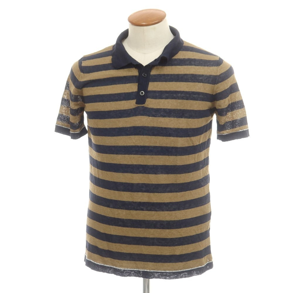 【中古】ロベルトコリーナ ROBERTO COLLINA リネンナイロン ボーダー ポロニット ネイビーxカーキ【サイズ46】【 状態ランクB 】【 メンズ 】 [DPD]