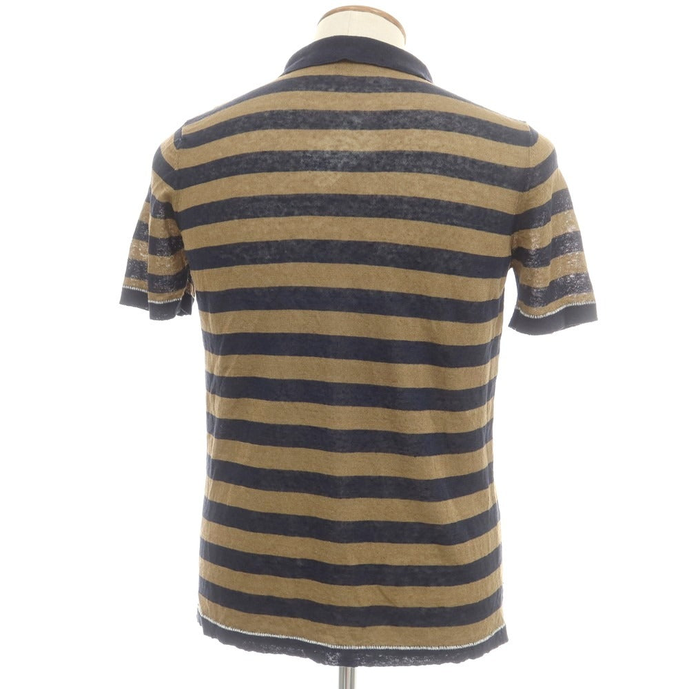 【中古】ロベルトコリーナ ROBERTO COLLINA リネンナイロン ボーダー 半袖 ポロニット ネイビーxカーキ【 46 】【 状態ランクB 】【 メンズ 】