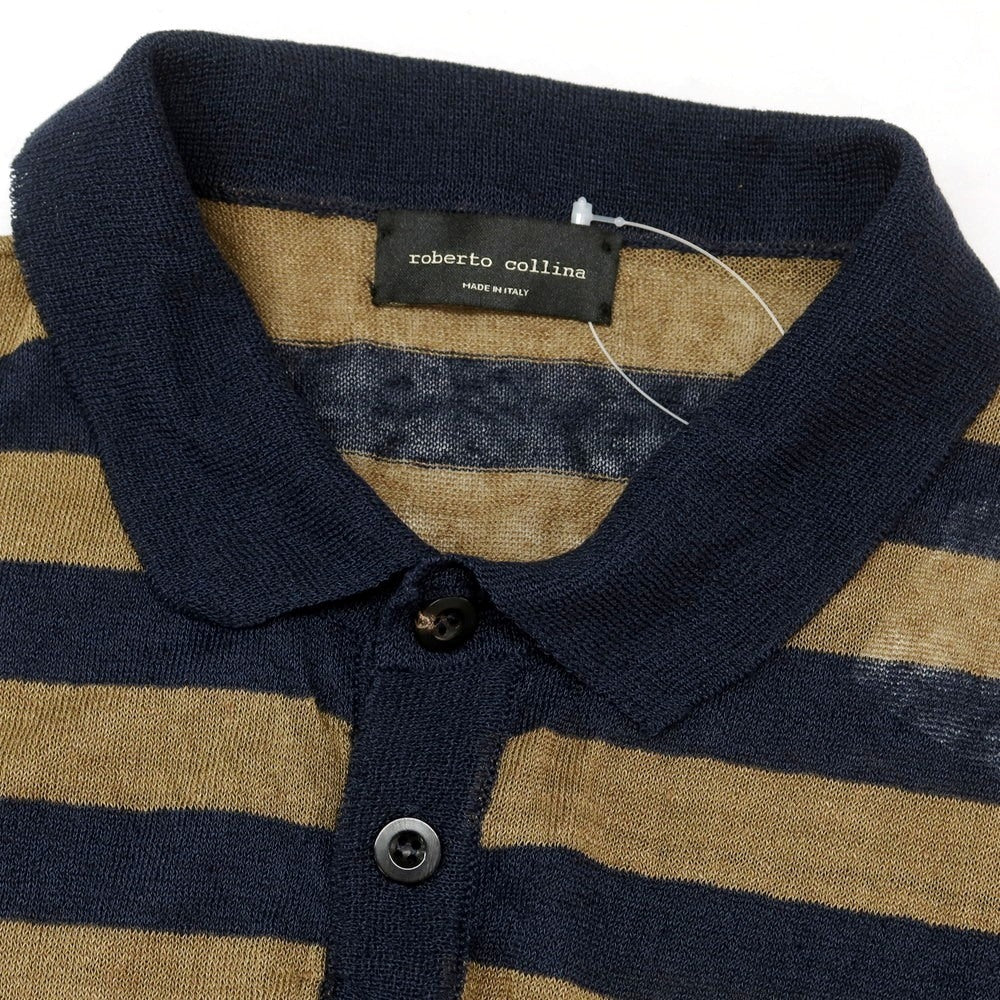 【中古】ロベルトコリーナ ROBERTO COLLINA リネンナイロン ボーダー 半袖 ポロニット ネイビーxカーキ【 46 】【 状態ランクB 】【 メンズ 】