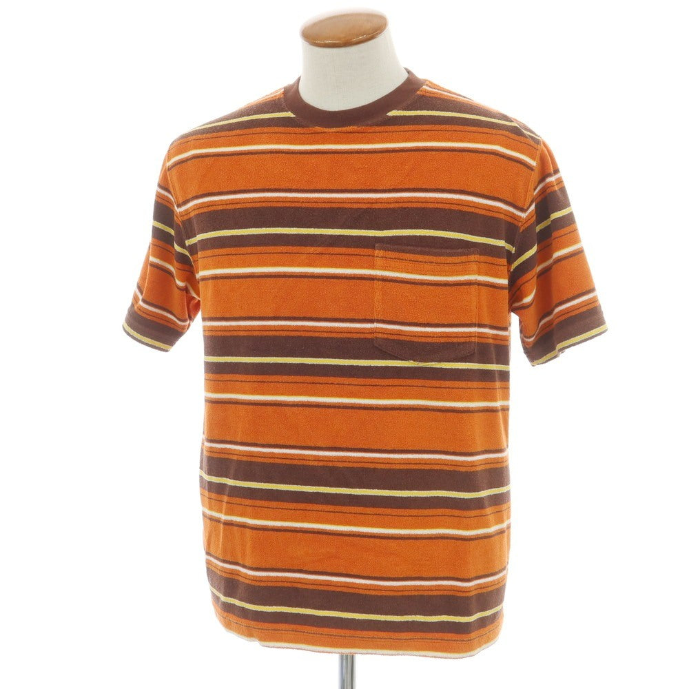 【中古】ビームスプラス BEAMS PLUS コットンポリエステル パイル ボーダー クルーネック 半袖 ポケットTシャツ オレンジxブラウン【 M 】【 状態ランクC 】【 メンズ 】