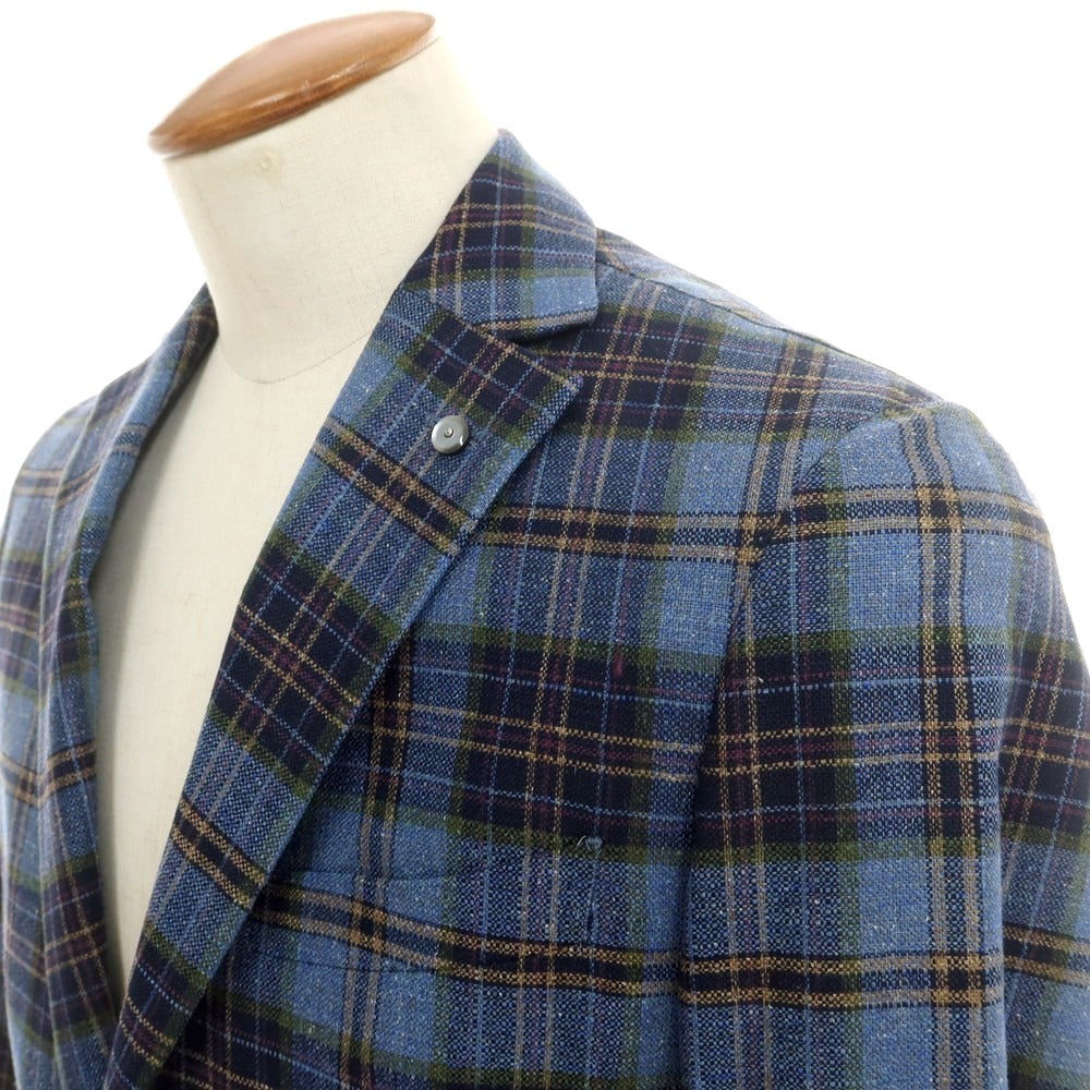 【中古】ロット L8 シルク チェック テーラードジャケット ブルーxネイビー【 46 】【 状態ランクB 】【 メンズ 】