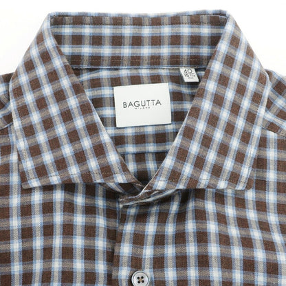 【新品】バグッタ Bagutta コットン チェック ワイドカラー カジュアルシャツ ブラウンxブルー【 40 】【 状態ランクN 】【 メンズ 】