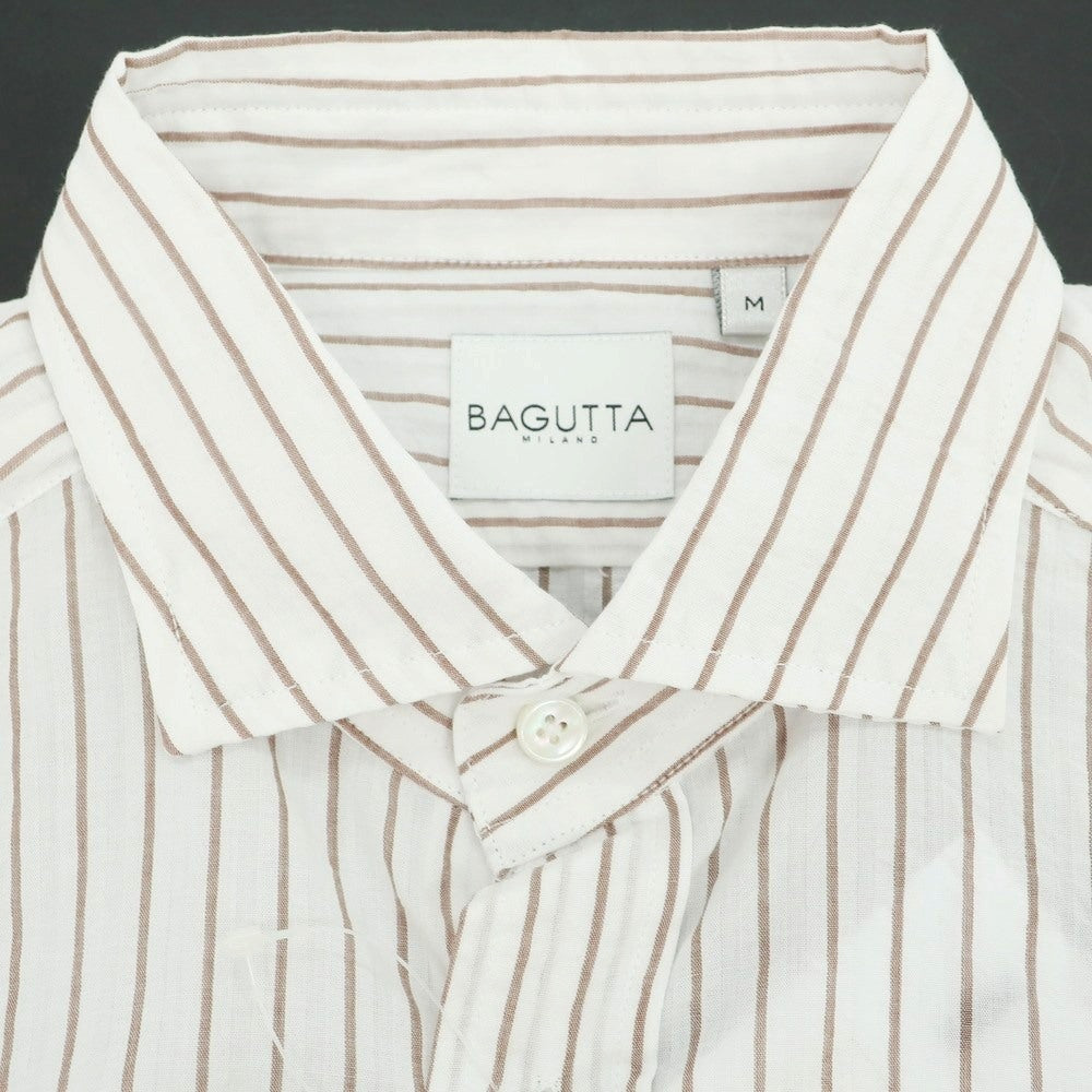 【新品】バグッタ Bagutta コットン シアサッカー ストライプ カジュアルシャツ ホワイトxブラウン【 M 】【 状態ランクN 】【 メンズ 】