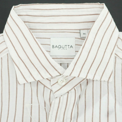 【新品】バグッタ Bagutta コットン シアサッカー ストライプ カジュアルシャツ ホワイトxブラウン【 M 】【 状態ランクN 】【 メンズ 】