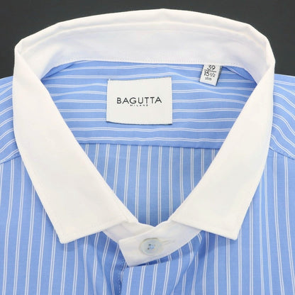 【新品アウトレット】バグッタ Bagutta コットン ストライプ クレリック ショートカラー カジュアルシャツ ライトブルーxホワイト【 39 】【 状態ランクN- 】【 メンズ 】