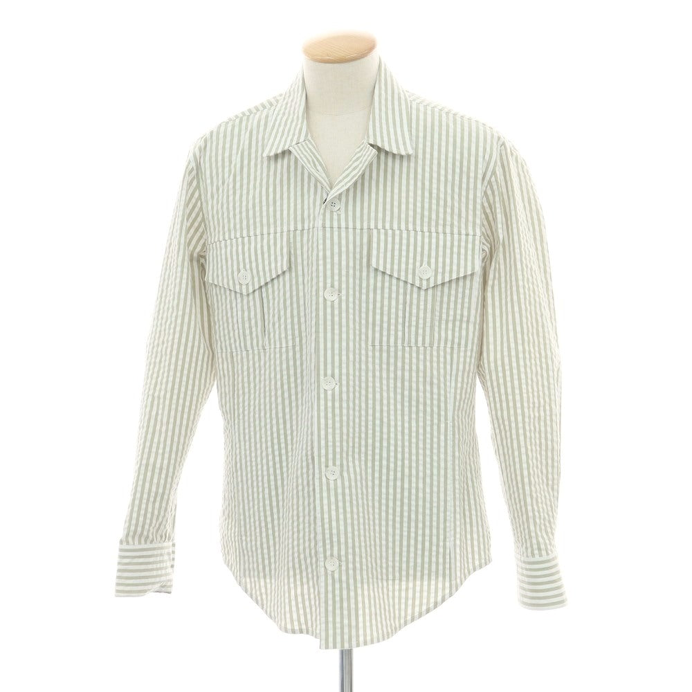 【新品】バグッタ Bagutta LIAM ストレッチ コットン シアサッカー ストライプ オープンカラー シャツブルゾン ホワイトxライトオリーブ【 S 】【 状態ランクN 】【 メンズ 】